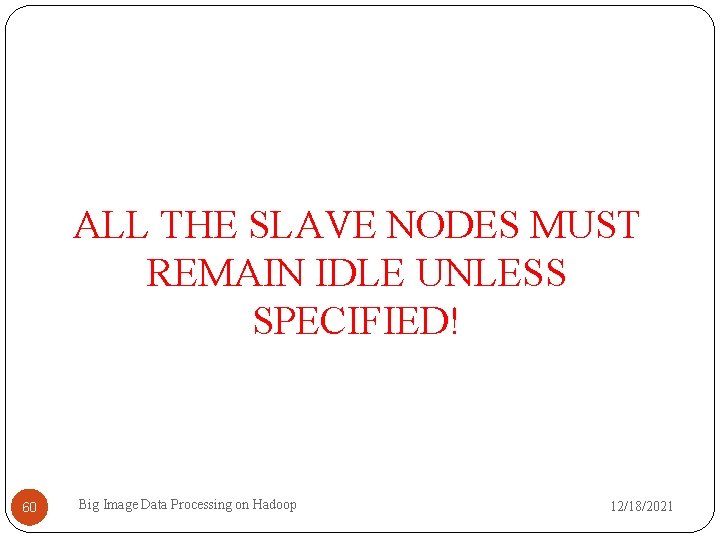 ALL THE SLAVE NODES MUST REMAIN IDLE UNLESS SPECIFIED! 60 Big Image Data Processing