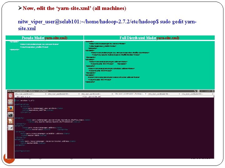  Now, edit the ‘yarn-site. xml’ (all machines) nitw_viper_user@selab 101: ~/home/hadoop-2. 7. 2/etc/hadoop$ sudo