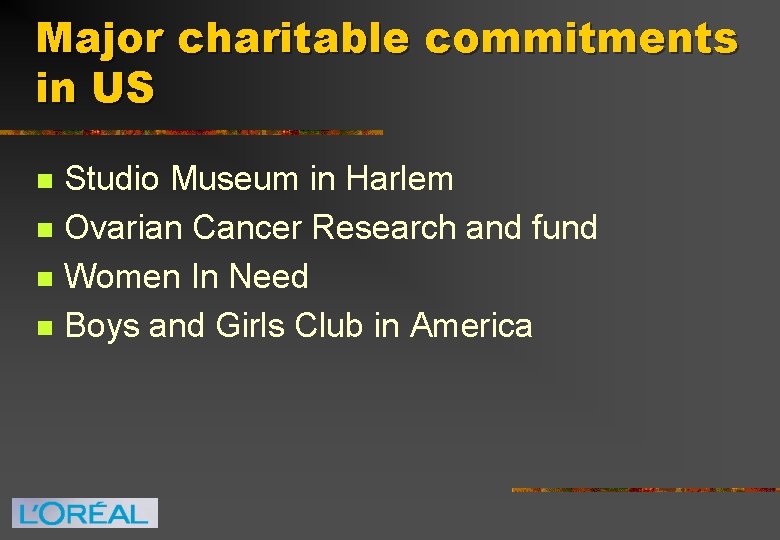Major charitable commitments in US n n Studio Museum in Harlem Ovarian Cancer Research