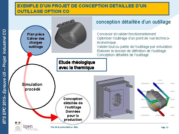 EXEMPLE D’UN PROJET DE CONCEPTION DETAILLEE D’UN OUTILLAGE OPTION CO BTS EPC 2015– Epreuve