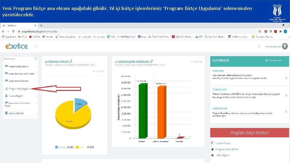 Yeni Program Bütçe ana ekranı aşağıdaki gibidir. Yıl içi bütçe işlemlerimiz ‘Program Bütçe Uygulama’