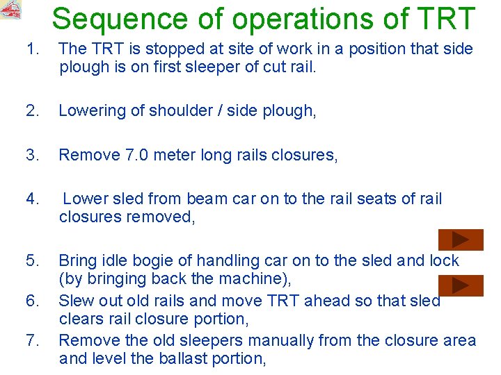 Sequence of operations of TRT 1. The TRT is stopped at site of work