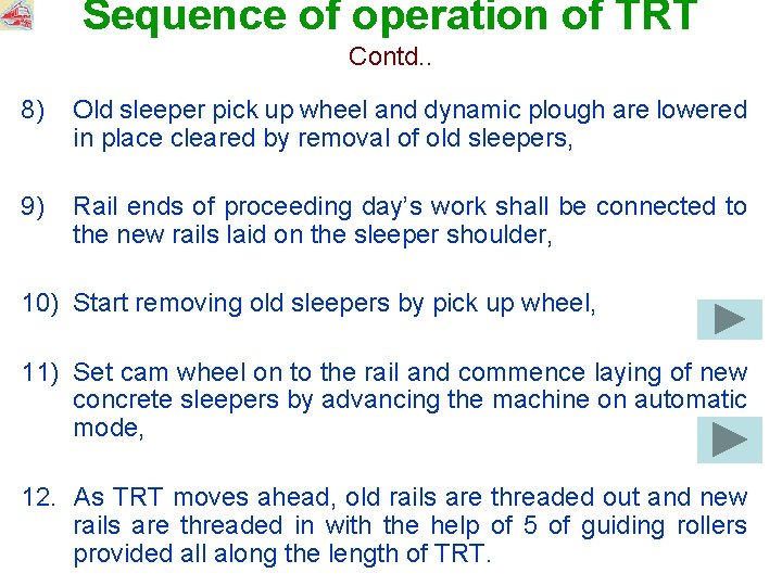 Sequence of operation of TRT Contd. . 8) Old sleeper pick up wheel and