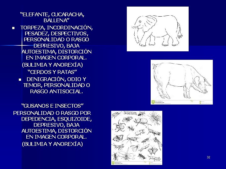 n “ELEFANTE, CUCARACHA, BALLENA” TORPEZA, INCORDINACIÓN, PESADEZ, DESPECTIVOS, PERSONALIDAD O RASGO DEPRESIVO, BAJA AUTOESTIMA,