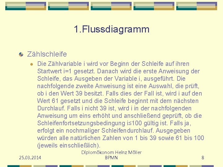 1. Flussdiagramm Zählschleife l Die Zählvariable i wird vor Beginn der Schleife auf ihren