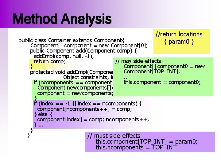 Method Analysis //return locations { param 0 } public class Container extends Component{ Component[]