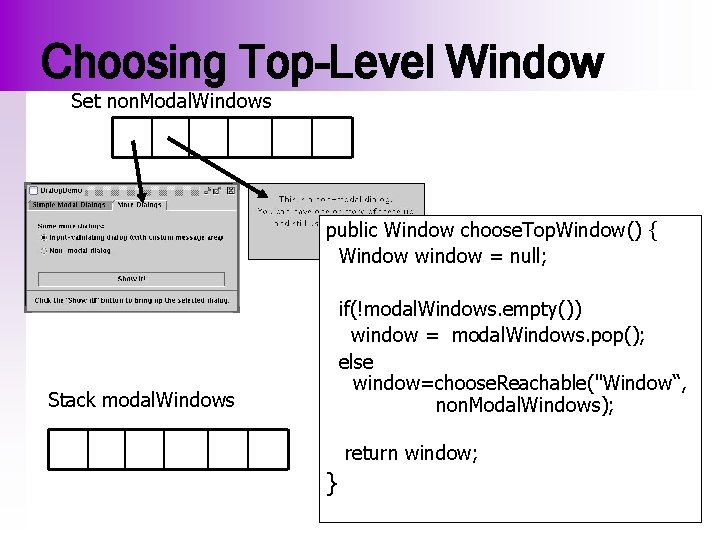 Choosing Top-Level Window Set non. Modal. Windows public Window choose. Top. Window() { Window