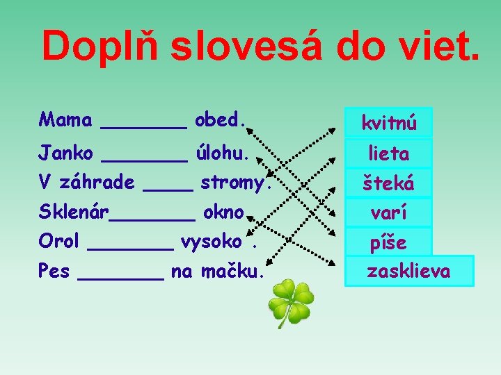 Doplň slovesá do viet. Mama _______ obed. kvitnú Janko _______ úlohu. lieta V záhrade