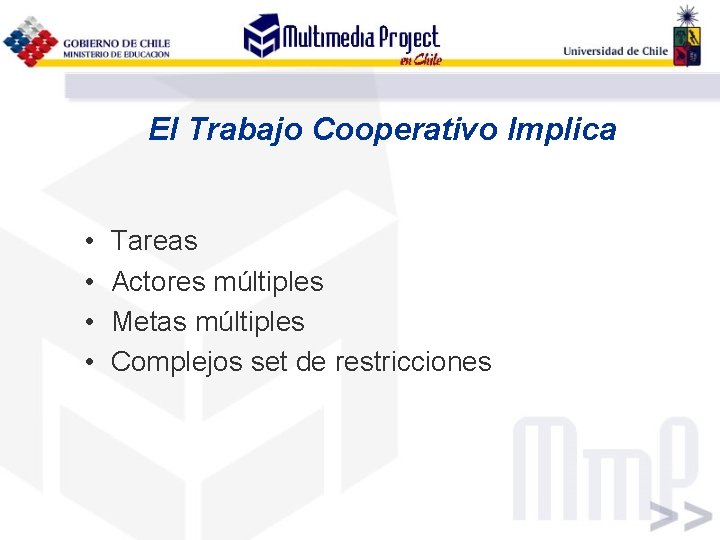 El Trabajo Cooperativo Implica • • Tareas Actores múltiples Metas múltiples Complejos set de