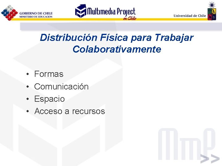 Distribución Física para Trabajar Colaborativamente • • Formas Comunicación Espacio Acceso a recursos 