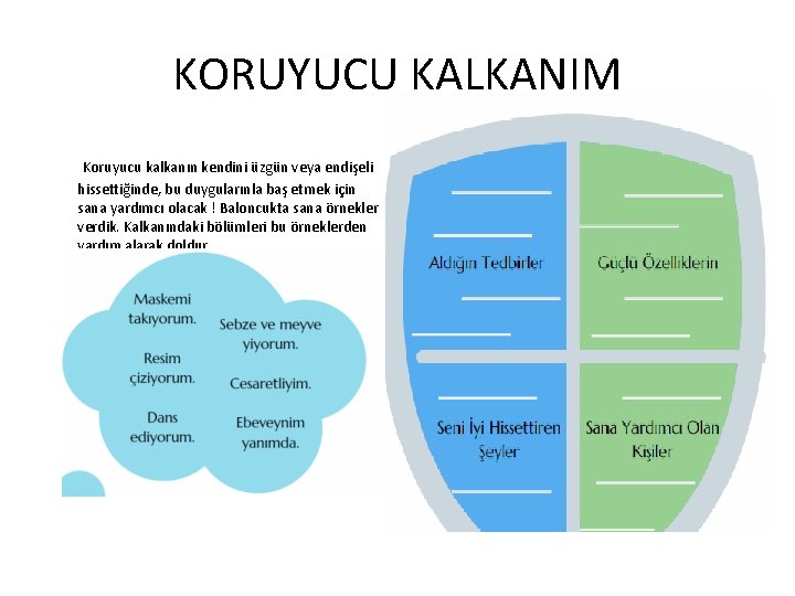 KORUYUCU KALKANIM Koruyucu kalkanın kendini üzgün veya endişeli hissettiğinde, bu duygularınla baş etmek için