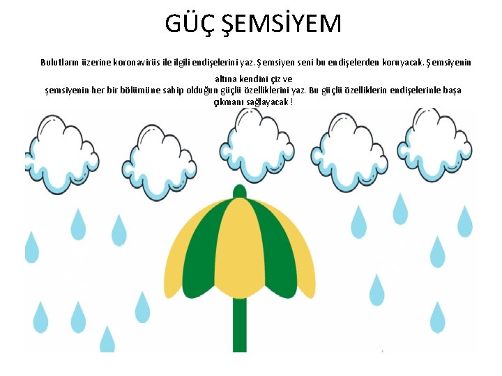 GÜÇ ŞEMSİYEM Bulutların üzerine koronavirüs ile ilgili endişelerini yaz. Şemsiyen seni bu endişelerden koruyacak.