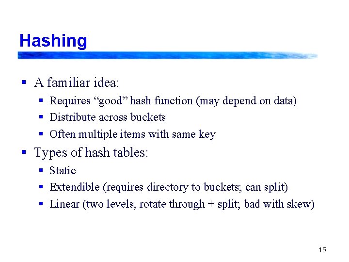 Hashing § A familiar idea: § Requires “good” hash function (may depend on data)