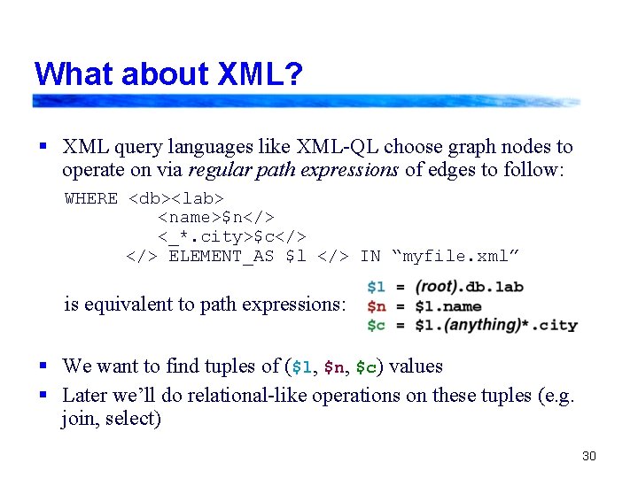 What about XML? § XML query languages like XML-QL choose graph nodes to operate