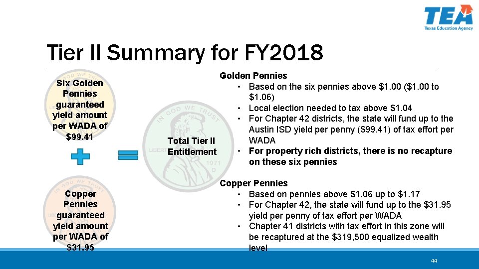 Tier II Summary for FY 2018 Six Golden Pennies guaranteed yield amount per WADA