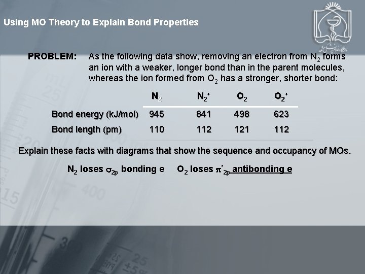 Using MO Theory to Explain Bond Properties PROBLEM: As the following data show, removing