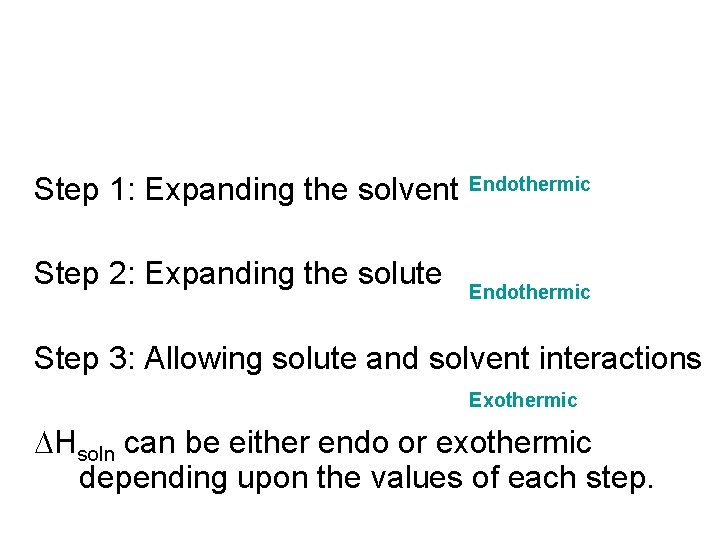Step 1: Expanding the solvent Step 2: Expanding the solute Endothermic Step 3: Allowing