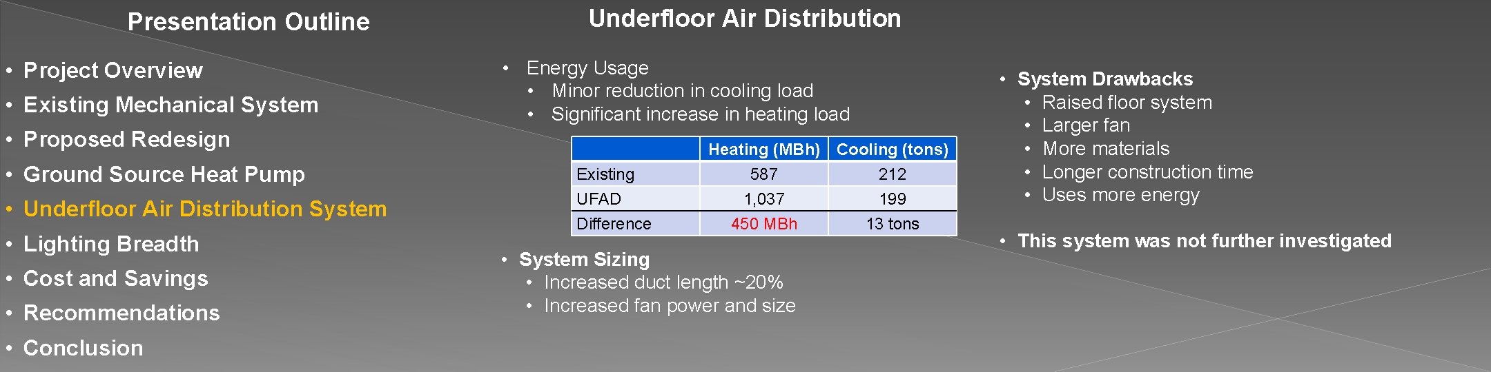 Presentation Outline • Project Overview • Existing Mechanical System Underfloor Air Distribution • Energy