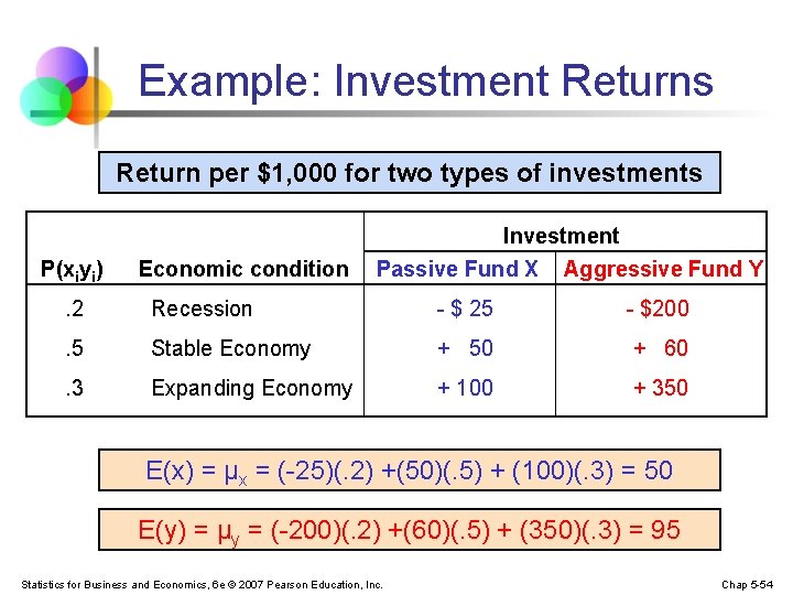 Example: Investment Returns Return per $1, 000 for two types of investments Investment P(xiyi)