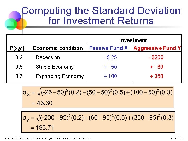 Computing the Standard Deviation for Investment Returns P(xiyi) Economic condition Investment Passive Fund X