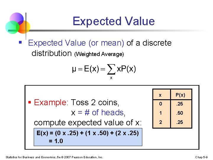 Expected Value § Expected Value (or mean) of a discrete distribution (Weighted Average) §