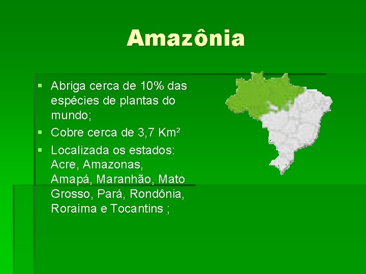 Amazônia § Abriga cerca de 10% das espécies de plantas do mundo; § Cobre