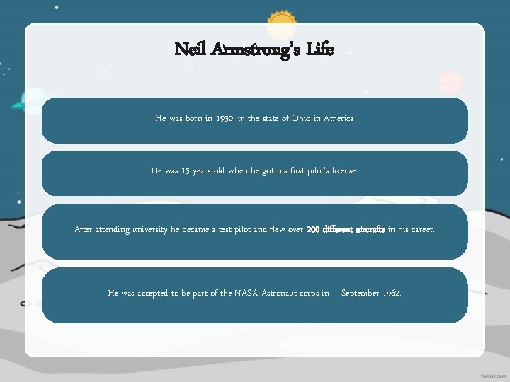 Neil Armstrong’s Life He was born in 1930, in the state of Ohio in
