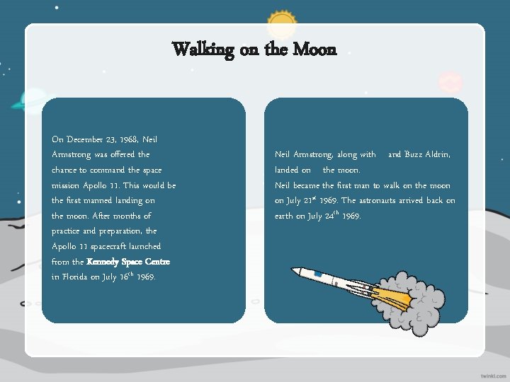 Walking on the Moon On December 23, 1968, Neil Armstrong was offered the chance