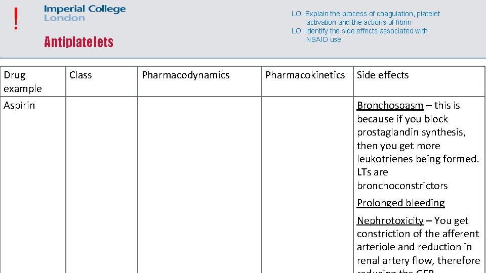 ! Drug example Aspirin LO: Explain the process of coagulation, platelet activation and the