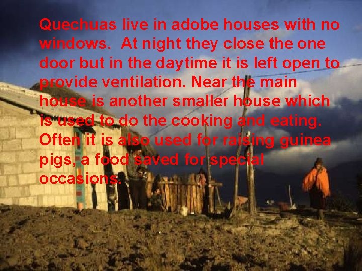 Quechuas live in adobe houses with no windows. At night they close the one