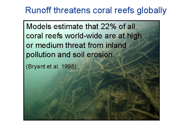Runoff threatens coral reefs globally Models estimate that 22% of all coral reefs world-wide