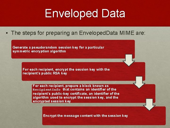 Enveloped Data • The steps for preparing an Enveloped. Data MIME are: Generate a