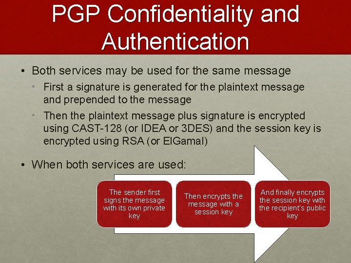 PGP Confidentiality and Authentication • Both services may be used for the same message