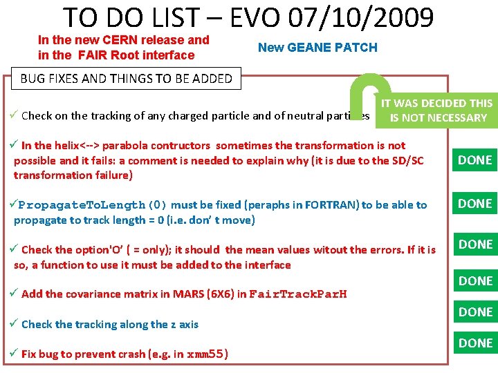 TO DO LIST – EVO 07/10/2009 In the new CERN release and in the