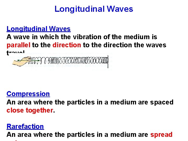 Longitudinal Waves A wave in which the vibration of the medium is parallel to