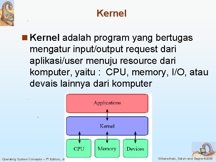 Kernel n Kernel adalah program yang bertugas mengatur input/output request dari aplikasi/user menuju resource Kernel n Kernel adalah program yang bertugas mengatur input/output request dari aplikasi/user menuju resource