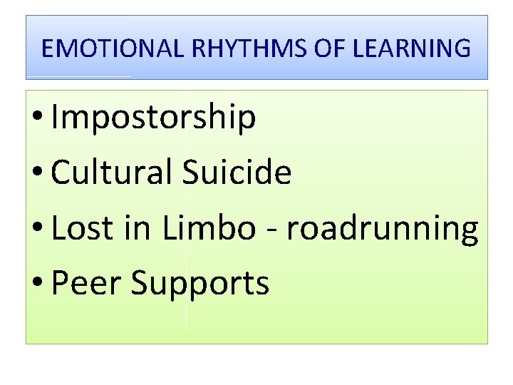 EMOTIONAL RHYTHMS OF LEARNING • Impostorship • Cultural Suicide • Lost in Limbo -