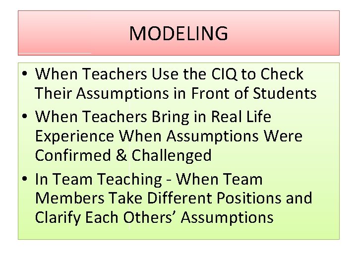 MODELING • When Teachers Use the CIQ to Check Their Assumptions in Front of