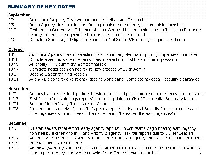 SUMMARY OF KEY DATES September 9/2 Selection of Agency Reviewers for most priority 1