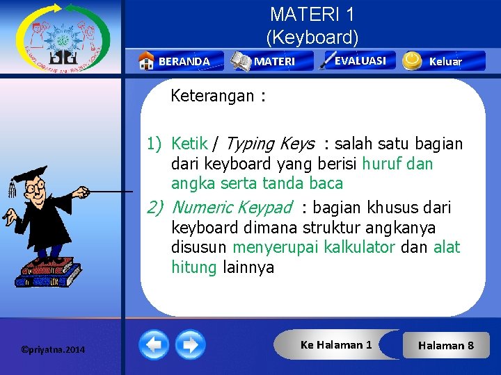 MATERI 1 (Keyboard) BERANDA MATERI EVALUASI Keluar Keterangan : 1) Ketik / Typing Keys