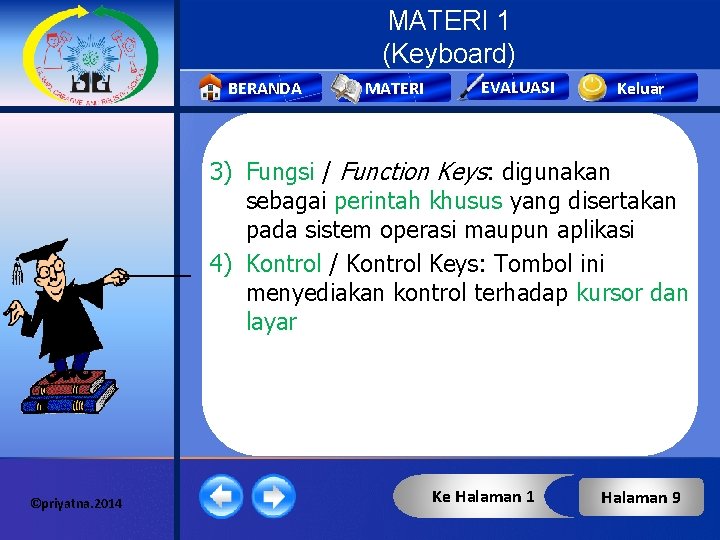 MATERI 1 (Keyboard) BERANDA MATERI EVALUASI Keluar 3) Fungsi / Function Keys: digunakan sebagai