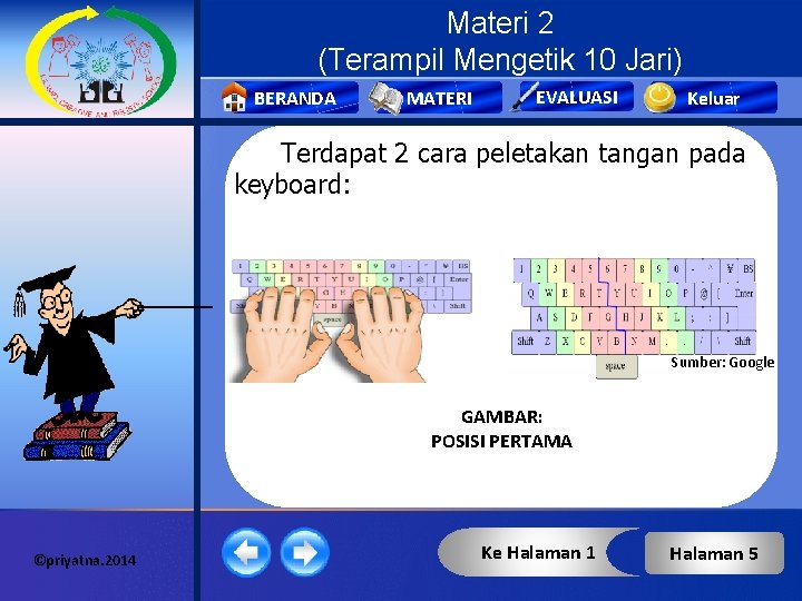 Materi 2 (Terampil Mengetik 10 Jari) BERANDA MATERI EVALUASI Keluar Terdapat 2 cara peletakan