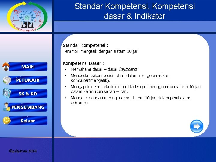 Standar Kompetensi, Kompetensi dasar & Indikator Standar Kompetensi : Terampil mengetik dengan sistem 10