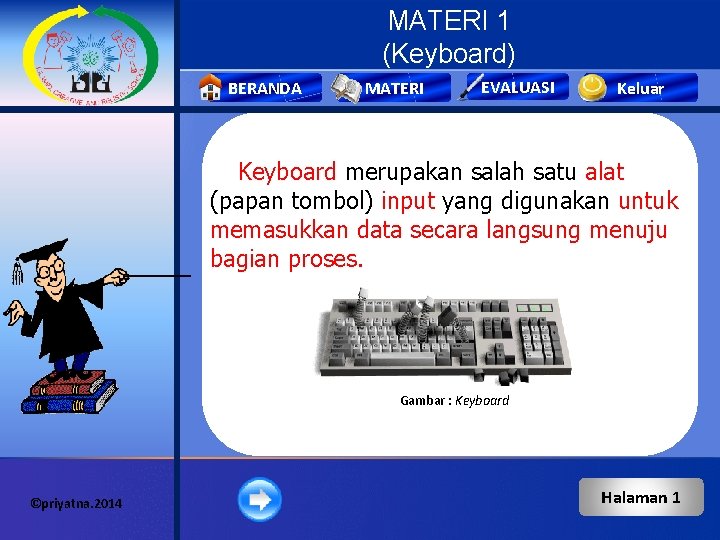 MATERI 1 (Keyboard) BERANDA MATERI EVALUASI Keluar Keyboard merupakan salah satu alat (papan tombol)