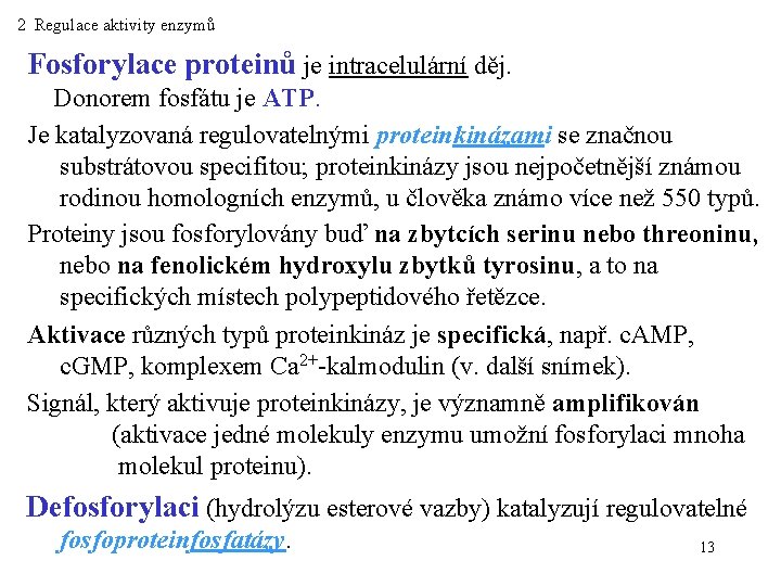 2 Regulace aktivity enzymů Fosforylace proteinů je intracelulární děj. Donorem fosfátu je ATP. Je