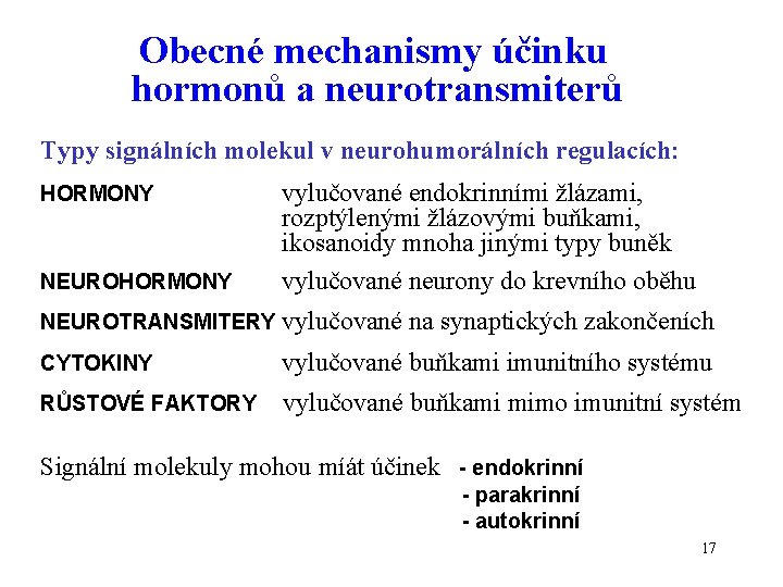 Obecné mechanismy účinku hormonů a neurotransmiterů Typy signálních molekul v neurohumorálních regulacích: HORMONY NEUROHORMONY