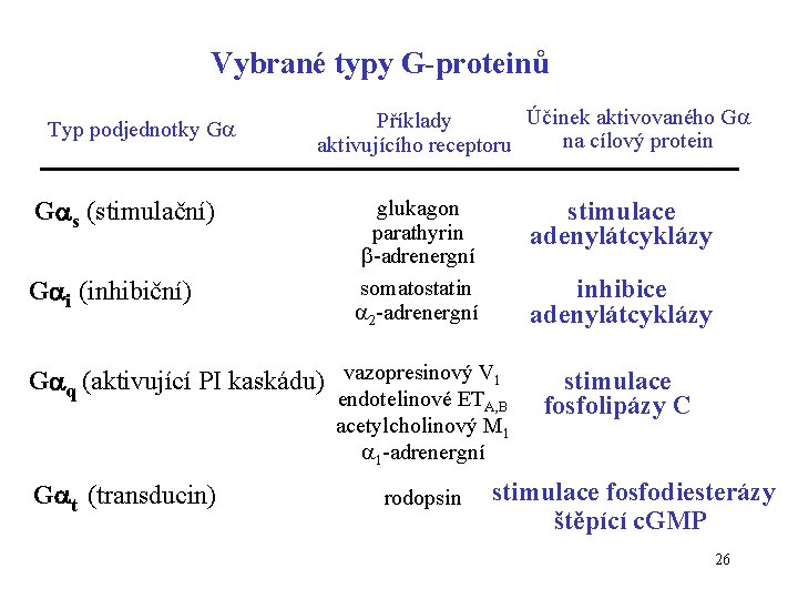 Vybrané typy G-proteinů Typ podjednotky G G s (stimulační) G i (inhibiční) Účinek aktivovaného