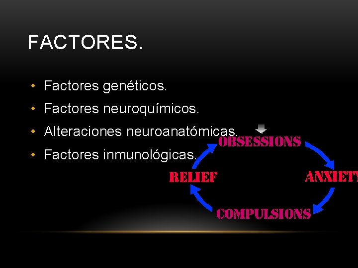 FACTORES. • Factores genéticos. • Factores neuroquímicos. • Alteraciones neuroanatómicas. • Factores inmunológicas. 