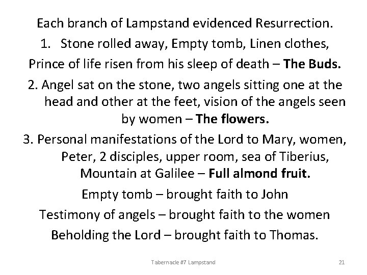 Each branch of Lampstand evidenced Resurrection. 1. Stone rolled away, Empty tomb, Linen clothes,