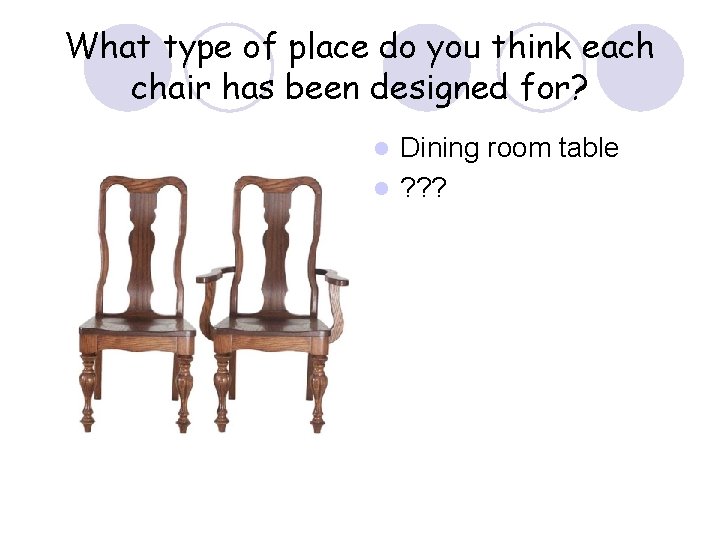 What type of place do you think each chair has been designed for? Dining